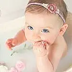 Joue, Peau, Lip, Eyebrow, Yeux, Eyelash, Happy, Dress, Gesture, Iris, Baby & Toddler Clothing, Rose, Finger, Baby, Bambin, Headgear, Bathing, Enfant, Baby Playing With Toys, Blond, Personne