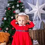 Christmas Tree, Photograph, Christmas Ornament, Facial Expression, Blanc, Human Body, Debout, Holiday Ornament, Plante, Rose, Dress, Christmas Decoration, Happy, Faon, Red, Ornament, Bambin, People, Evergreen, Baby & Toddler Clothing, Personne