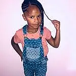 Hair, Clothing, Bleu, Coiffure, Child Model, Enfant, Black Hair, Cornrows, Sportswear, Bambin, Afro, Denim, Overall, Jeans, Photo Shoot, Tights, Trousers, Personne