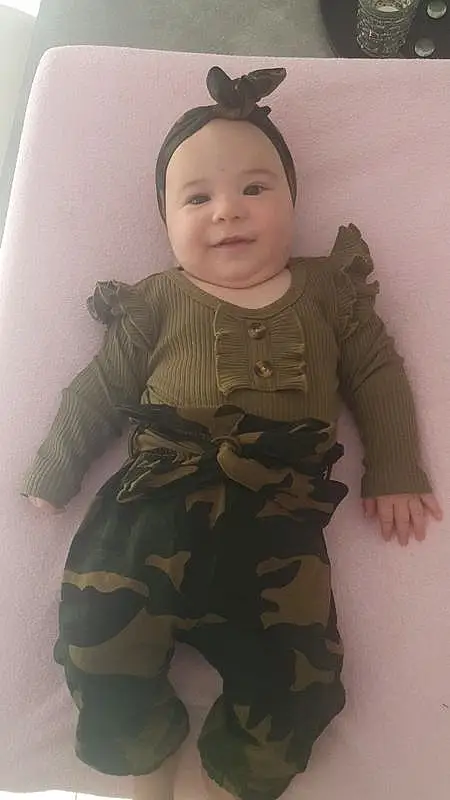 Visage, Joue, Peau, Head, Bras, Sourire, Human Body, Baby & Toddler Clothing, Sleeve, Camouflage, Gesture, Baby, Military Camouflage, Bambin, Pattern, Happy, Enfant, Personal Protective Equipment, Thumb, Assis