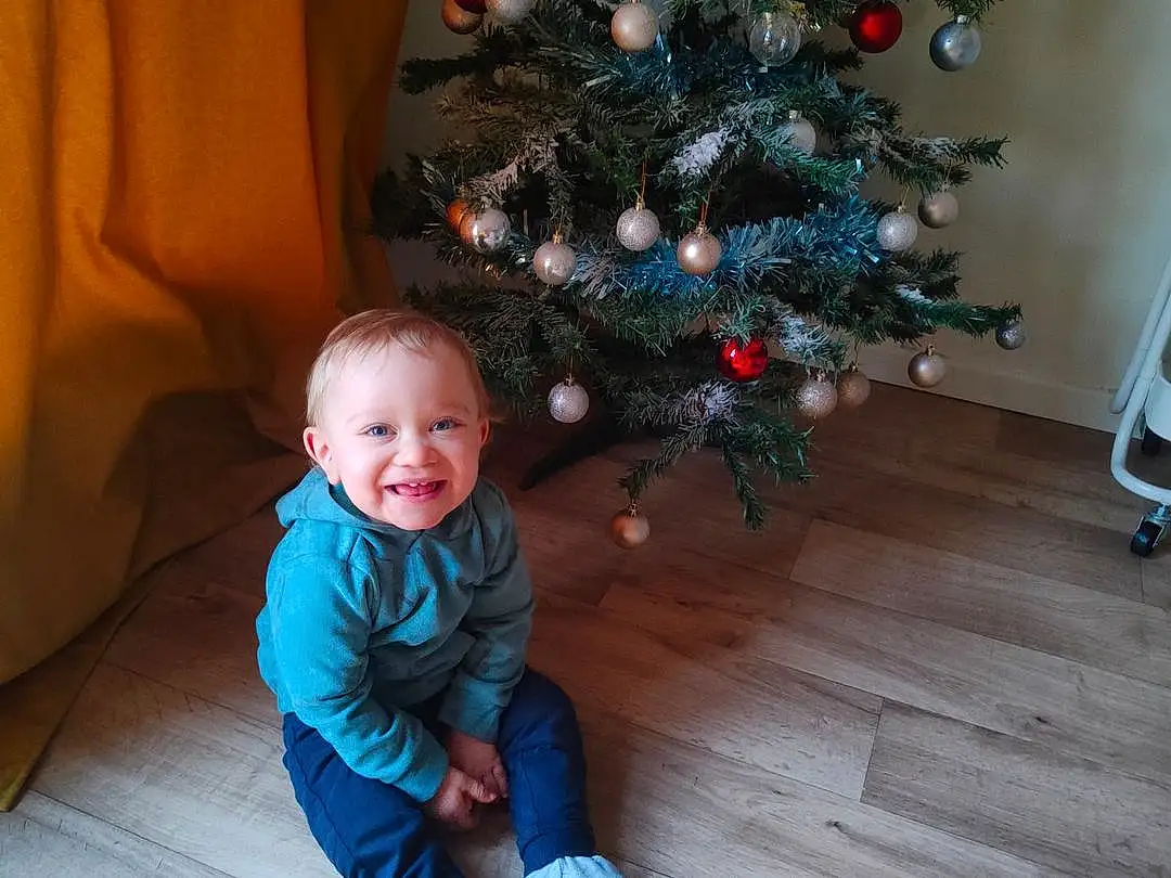 Christmas Tree, Sourire, Bois, Arbre, Debout, Plante, Christmas Ornament, Happy, Christmas Decoration, Bambin, Holiday Ornament, Baby & Toddler Clothing, Ornament, NoÃ«l, Event, Comfort, Hardwood, Holiday, Conifer, Personne, Joy